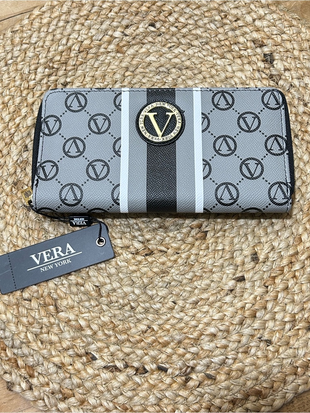 Vera New York Signature Zip Around Wallet Black Logo Stripe Womens NWT